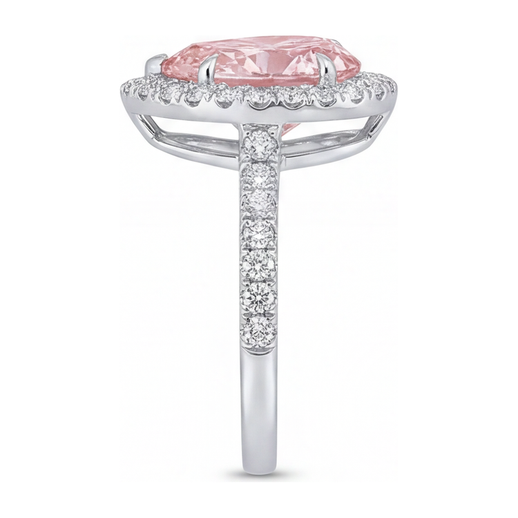 Bague de Fiançailles en Or Blanc 14 carats avec Diamant Rose de Laboratoire Taille Poire 3,5 carats et Halo
