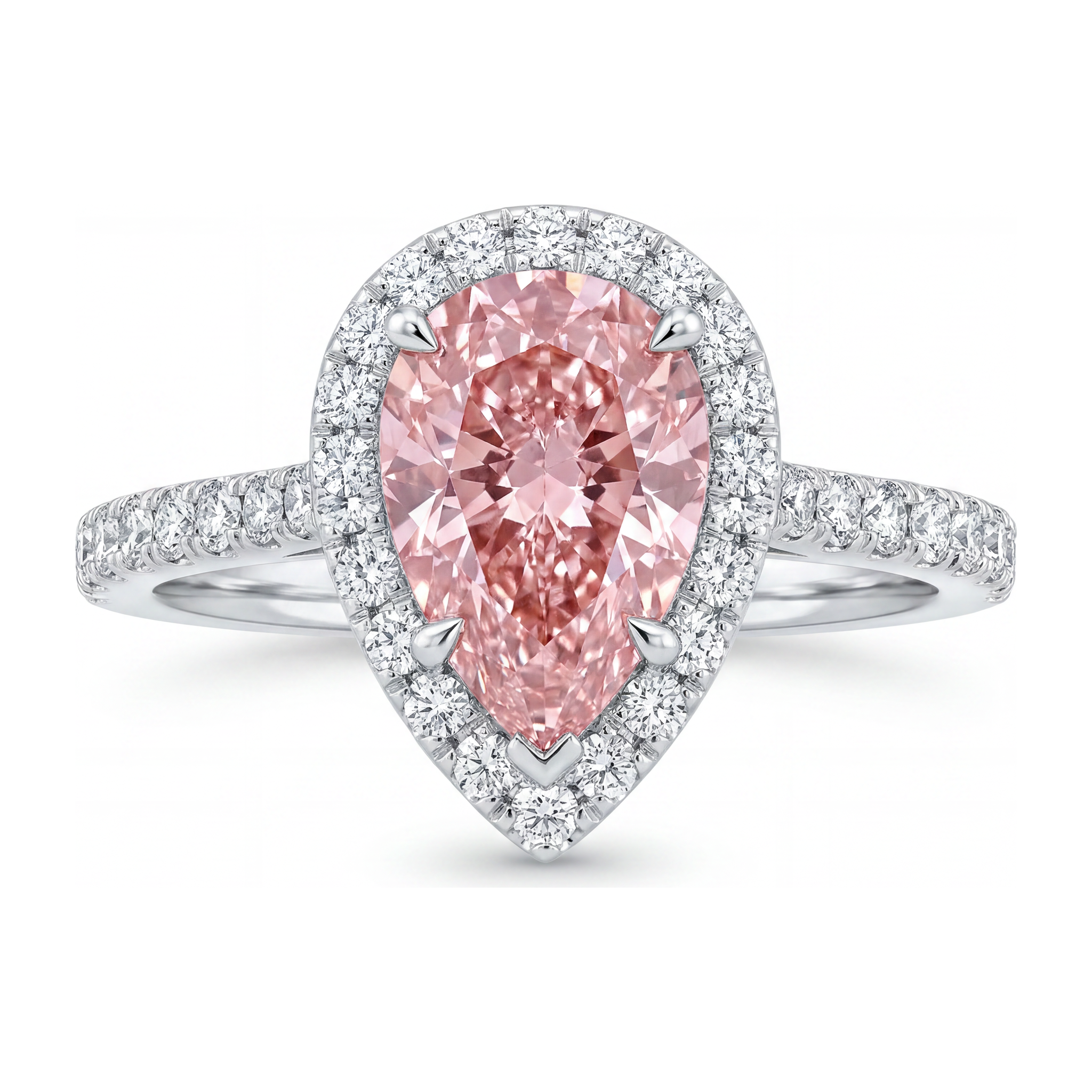 Bague de Fiançailles Diamant Rose de Laboratoire 3,5 Carats Taille Poire Halo en Or Blanc 14K