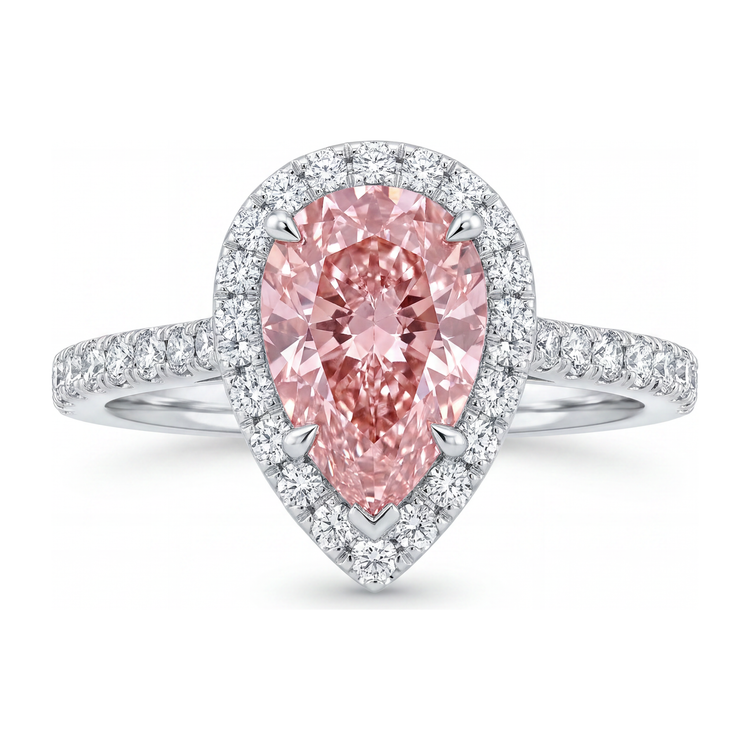 Bague de Fiançailles Diamant Rose de Laboratoire 3,5 Carats Taille Poire Halo en Or Blanc 14K