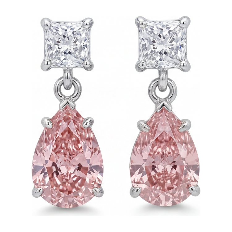 Boucles d'oreilles solitaire poire en diamant rose de laboratoire 3,5 carats en Or Blanc 14 carats