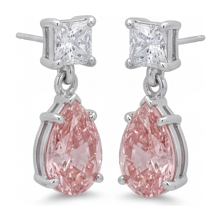 Boucles d'oreilles solitaire taille poire en diamant rose de laboratoire 3,5 carats en Or Blanc 14 carats