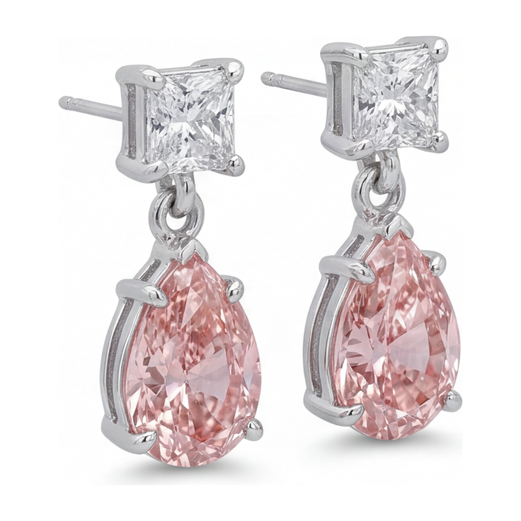 Boucles d'oreilles solitaire taille poire en diamant rose de laboratoire 3,5 carats en Or Blanc 14 carats