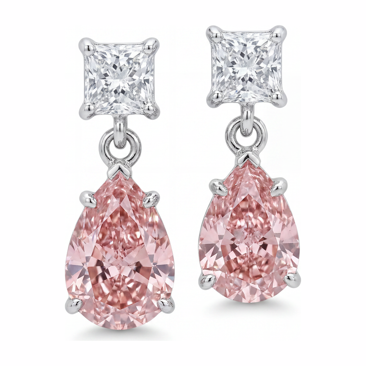 Boucles d'oreilles solitaire taille poire en diamant rose de laboratoire 3,5 carats en Or Blanc 14 carats