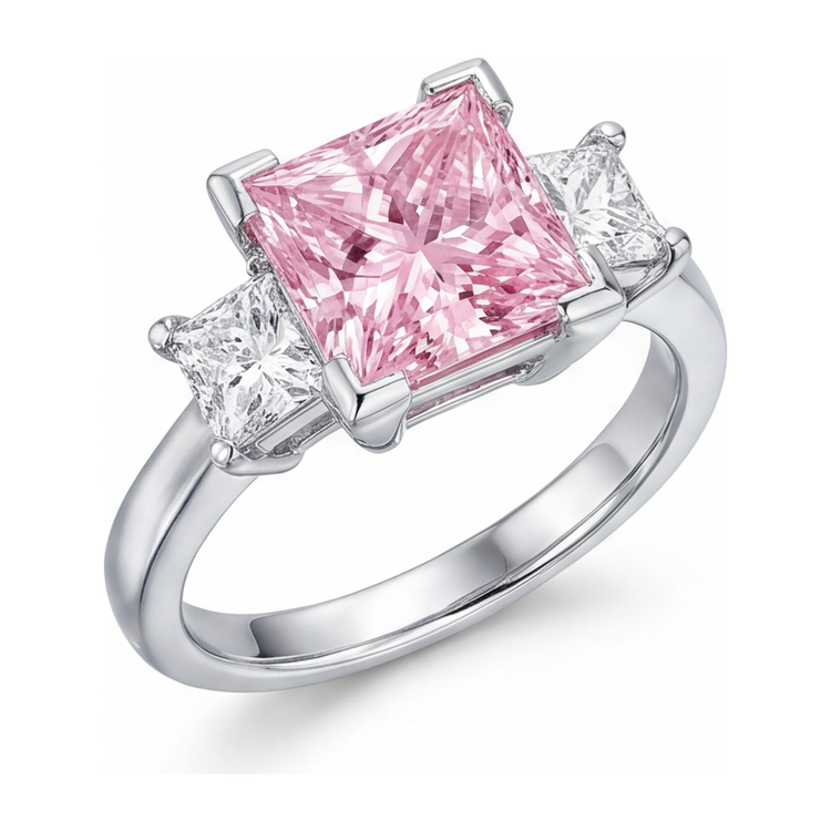 Bague trois pierres diamant rose de laboratoire taille princesse 3,5 carats en Or Blanc 14 carats