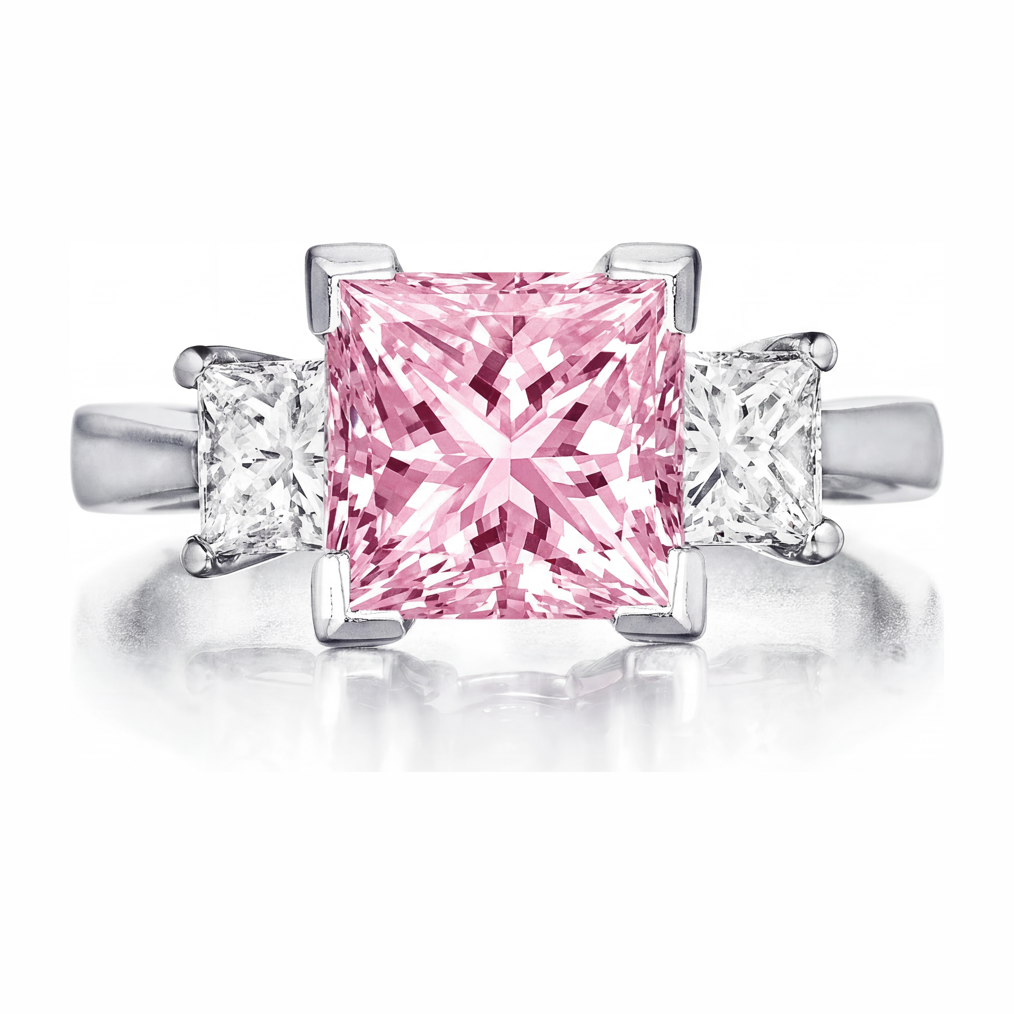 Bague trois pierres en Or Blanc 14 carats avec diamant rose de laboratoire taille princesse 3,5 carats