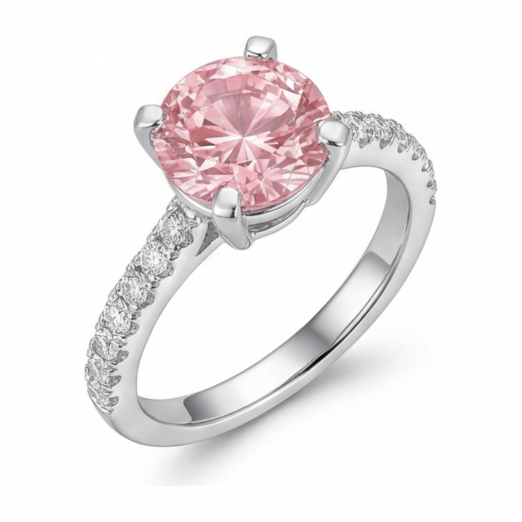 Bague de Fiançailles en Or Blanc 14K, Diamant Rose de Laboratoire Rond 3,5 Carats, Pavé Cathédrale
