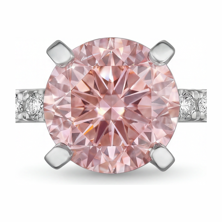Bague diamant rose de laboratoire rond 3,5 carats pavé en Or Blanc 14 carats