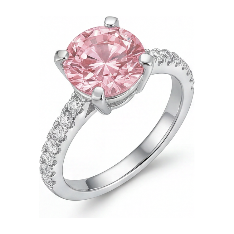Bague de Fiançailles Diamant Rose de Laboratoire Rond 3,5 Carats Pavé Cathédrale en Or Blanc 14 Carats