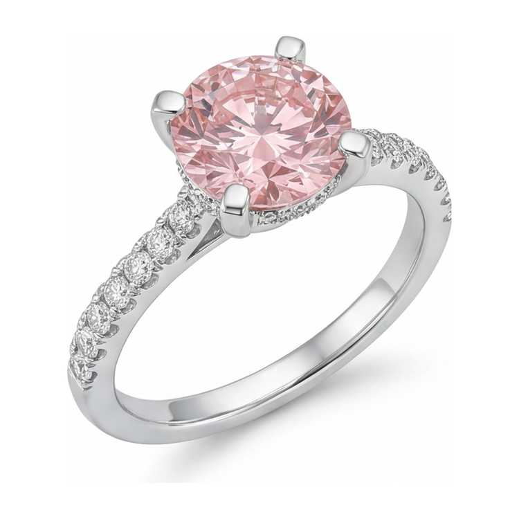 Bague diamant rose de laboratoire rond 3,5 carats pavé en Or Blanc 14 carats