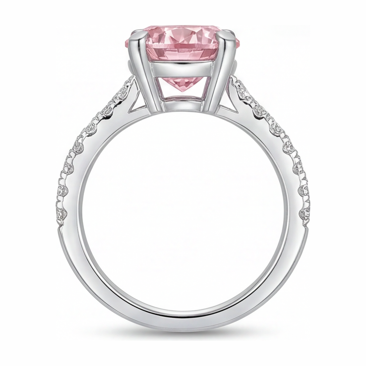 Bague de Fiançailles Diamant Rose de Laboratoire Rond 3,5 Carats Pavé Cathédrale en Or Blanc 14 Carats