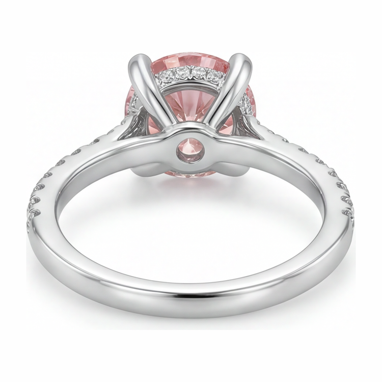 Bague diamant rose de laboratoire rond 3,5 carats pavé en Or Blanc 14 carats