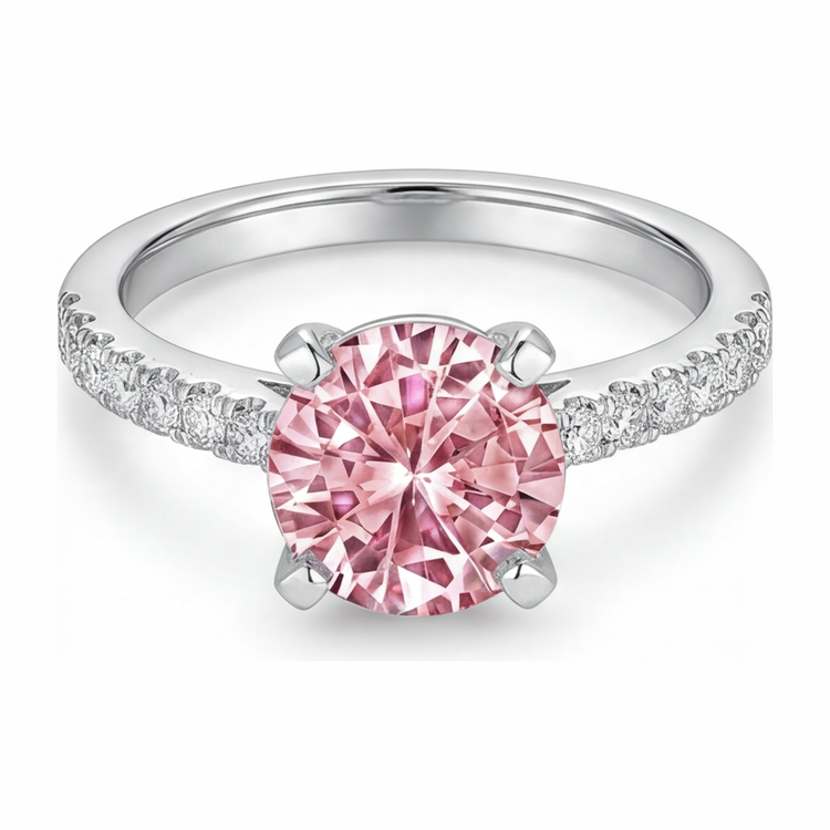 Bague de Fiançailles en Or Blanc 14K, Diamant Rose de Laboratoire Rond 3,5 Carats, Pavé Cathédrale