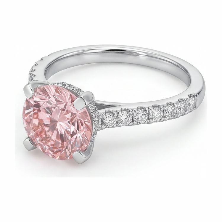 Bague diamant rose de laboratoire rond 3,5 carats pavé en Or Blanc 14 carats