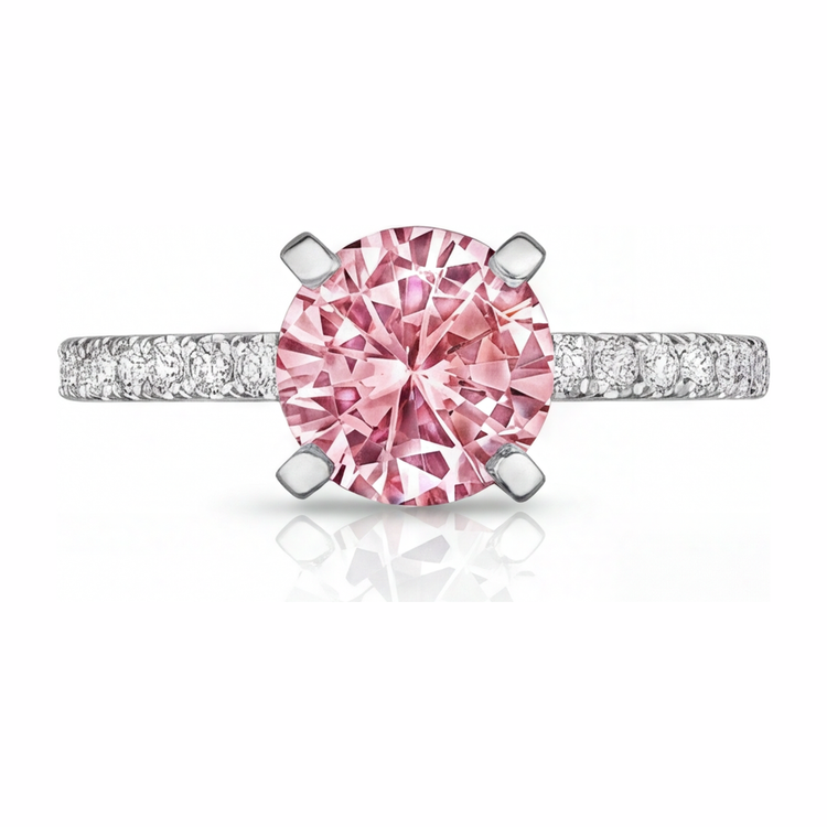 Bague de Fiançailles en Or Blanc 14K, Diamant Rose de Laboratoire Rond 3,5 Carats, Pavé Cathédrale