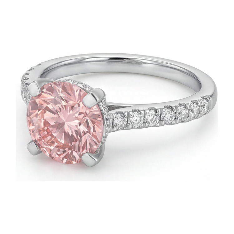 Bague diamant rose de laboratoire rond 3,5 carats pavé en Or Blanc 14 carats