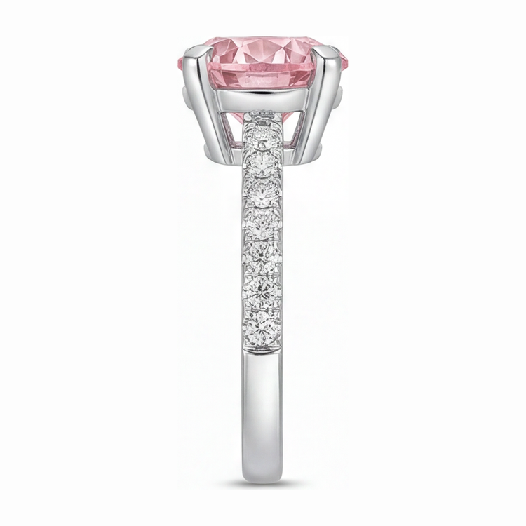 Bague de Fiançailles Diamant Rose de Laboratoire Rond 3,5 Carats Pavé Cathédrale en Or Blanc 14 Carats