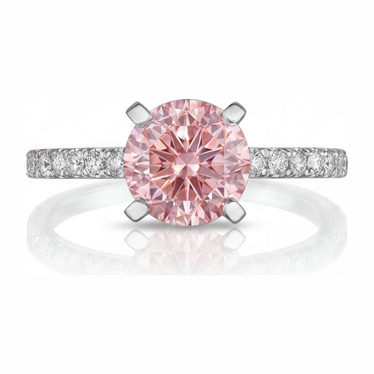 Bague diamant rose de laboratoire rond 3,5 carats pavé en Or Blanc 14 carats
