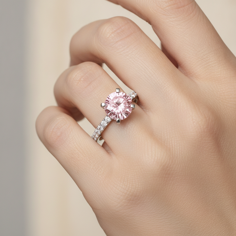 Bague de Fiançailles Diamant Rose de Laboratoire Rond 3,5 Carats Pavé Cathédrale en Or Blanc 14 Carats