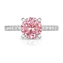 Bague de Fiançailles en Or Blanc 14K, Diamant Rose de Laboratoire Rond 3,5 Carats, Pavé Cathédrale