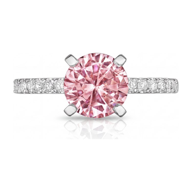 Bague de Fiançailles en Or Blanc 14K, Diamant Rose de Laboratoire Rond 3,5 Carats, Pavé Cathédrale