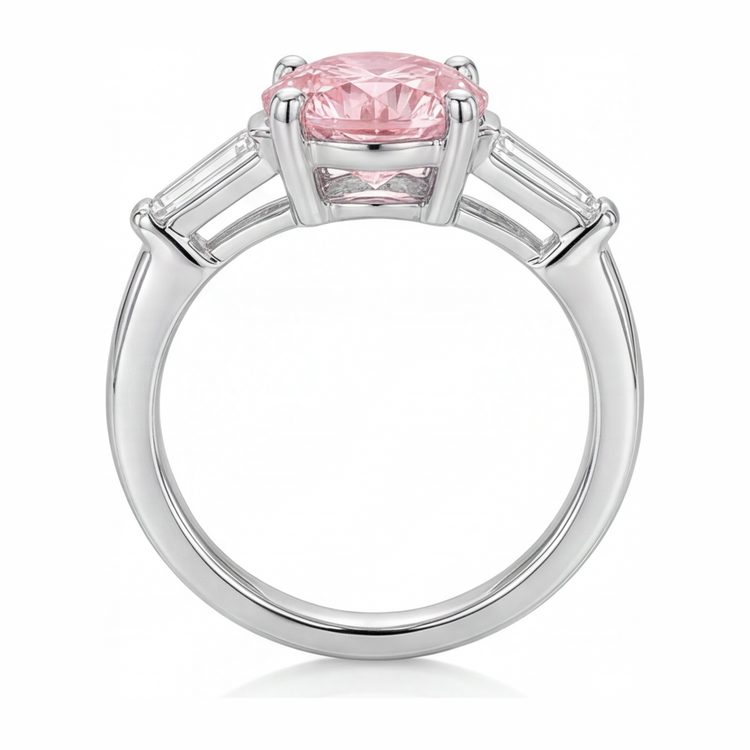 Bague trois pierres en Or Blanc 14 carats avec diamant rose de laboratoire rond 3,5 carats