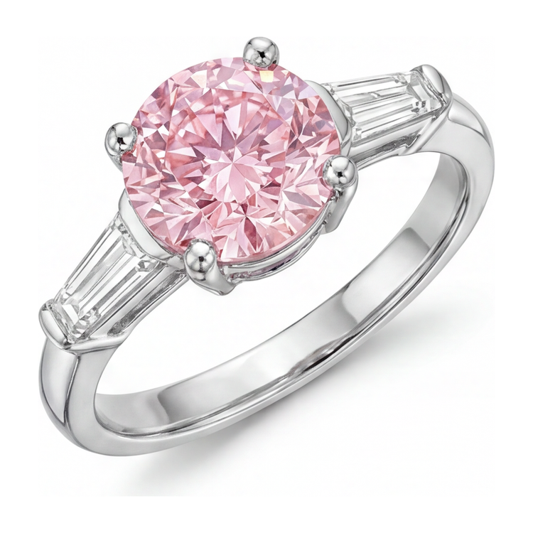 Bague trois pierres en Or Blanc 14 carats avec diamant rose de laboratoire rond 3,5 carats