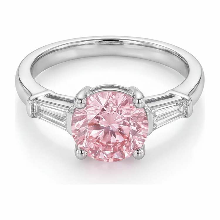 Bague trois pierres en Or Blanc 14 carats avec diamant rose de laboratoire rond 3,5 carats