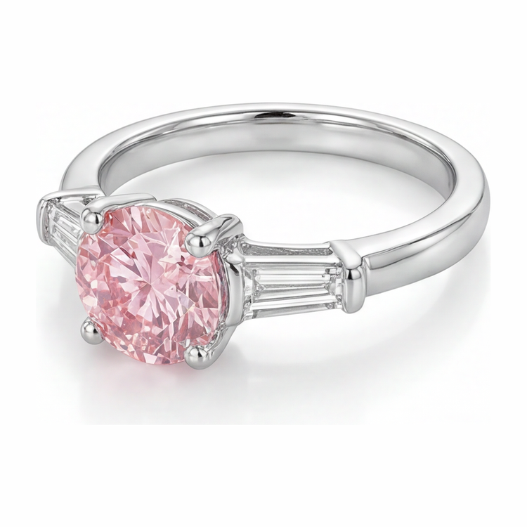 Bague trois pierres en Or Blanc 14 carats avec diamant rose de laboratoire rond 3,5 carats