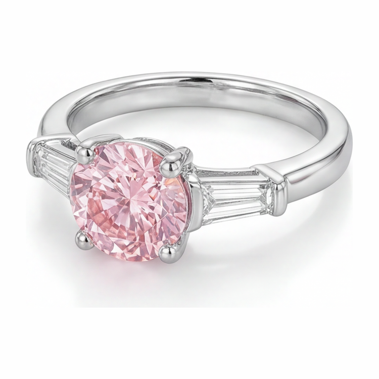 Bague trois pierres en diamant rose de laboratoire rond de 3,5 carats en Or Blanc 14 carats