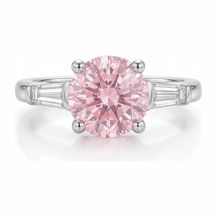 Bague trois pierres en diamant rose de laboratoire rond de 3,5 carats en Or Blanc 14 carats