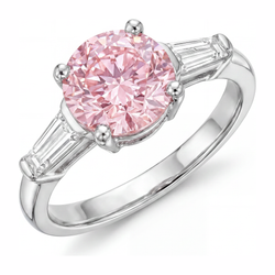 Bague trois pierres en Or Blanc 14 carats avec diamant rose de laboratoire rond 3,5 carats