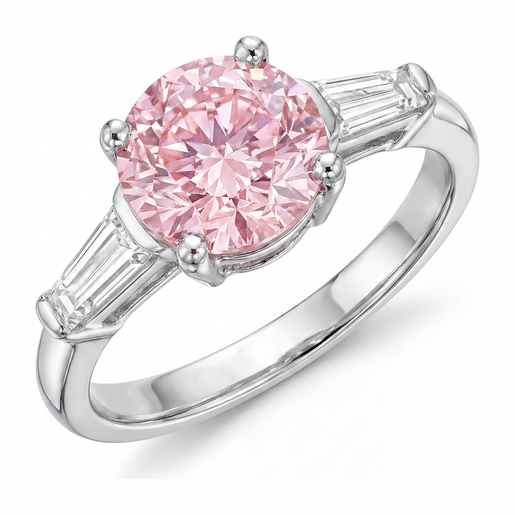 Bague trois pierres en diamant rose de laboratoire rond de 3,5 carats en Or Blanc 14 carats