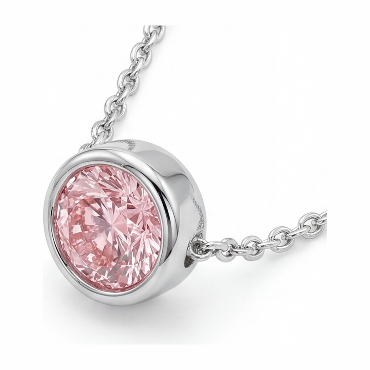 Collier Pendentif Lunette Diamant Rose Rond 3,5 Carats de Laboratoire en Or Blanc 14 Carats