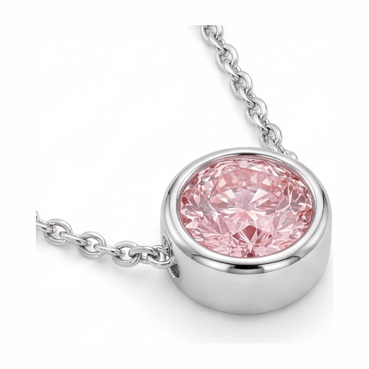 Collier Pendentif Diamant Rose de Laboratoire Rond 3,5 Carats Lunette Or Blanc 14 Carats