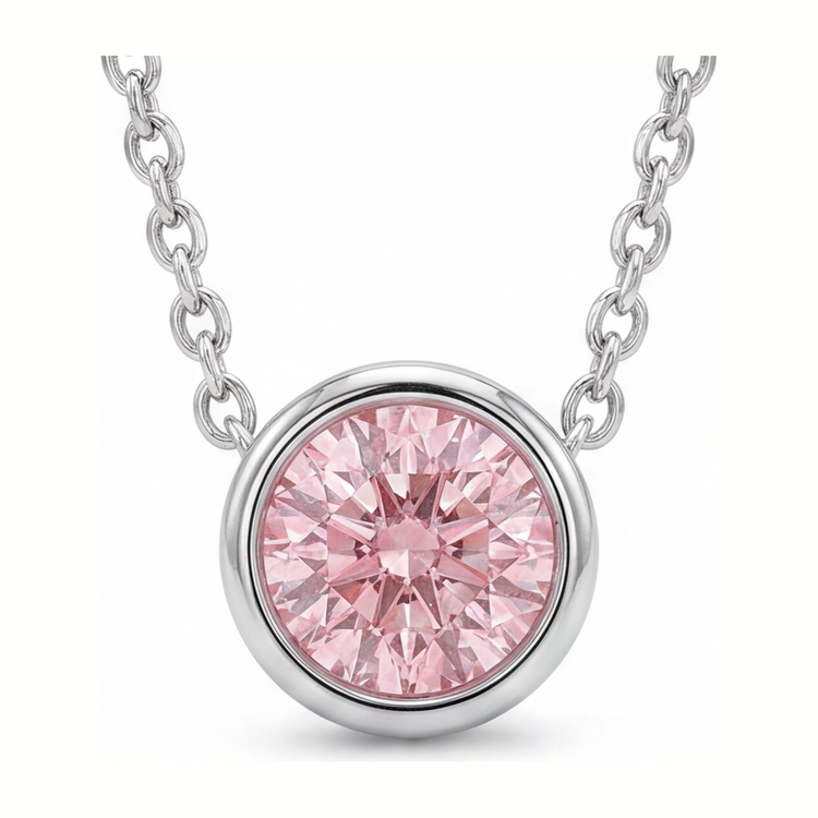 Collier Pendentif Diamant Rose de Laboratoire Rond 3,5 Carats Lunette Or Blanc 14 Carats