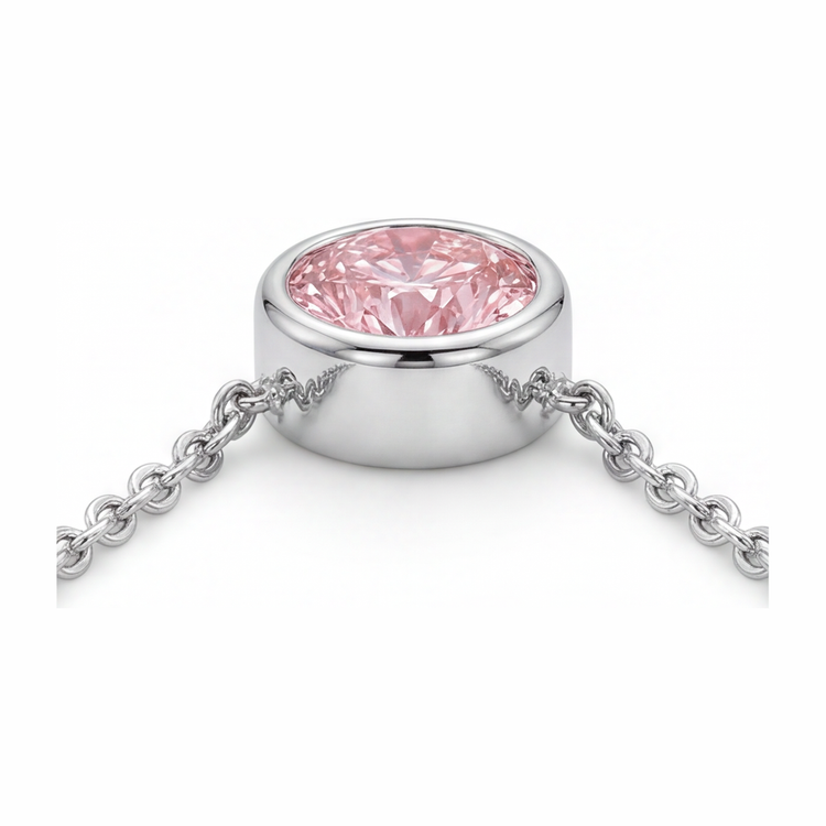 Collier Pendentif Lunette Diamant Rose Rond 3,5 Carats de Laboratoire en Or Blanc 14 Carats