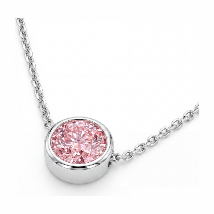 Collier Pendentif Lunette Diamant Rose Rond 3,5 Carats de Laboratoire en Or Blanc 14 Carats
