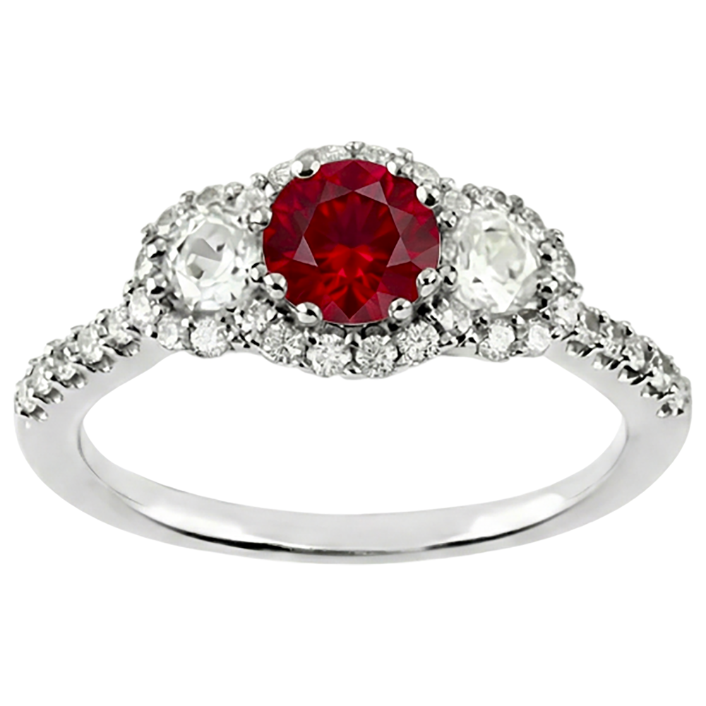 3.50 Carats Bague Ronde Diamant Naturels Extraits des Mines ( et non cultivés en laboratoire ) Rubis Rouge 3 Pierres Or Blanc 14K