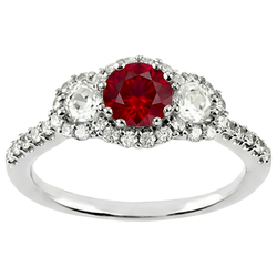3.50 Carats Bague Ronde Diamant Naturels Extraits des Mines ( et non cultivés en laboratoire ) Rubis Rouge 3 Pierres Or Blanc 14K