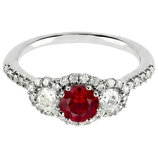 3.50 Carats Bague Ronde Diamant Naturels Extraits des Mines ( et non cultivés en laboratoire ) Rubis Rouge 3 Pierres Or Blanc 14K