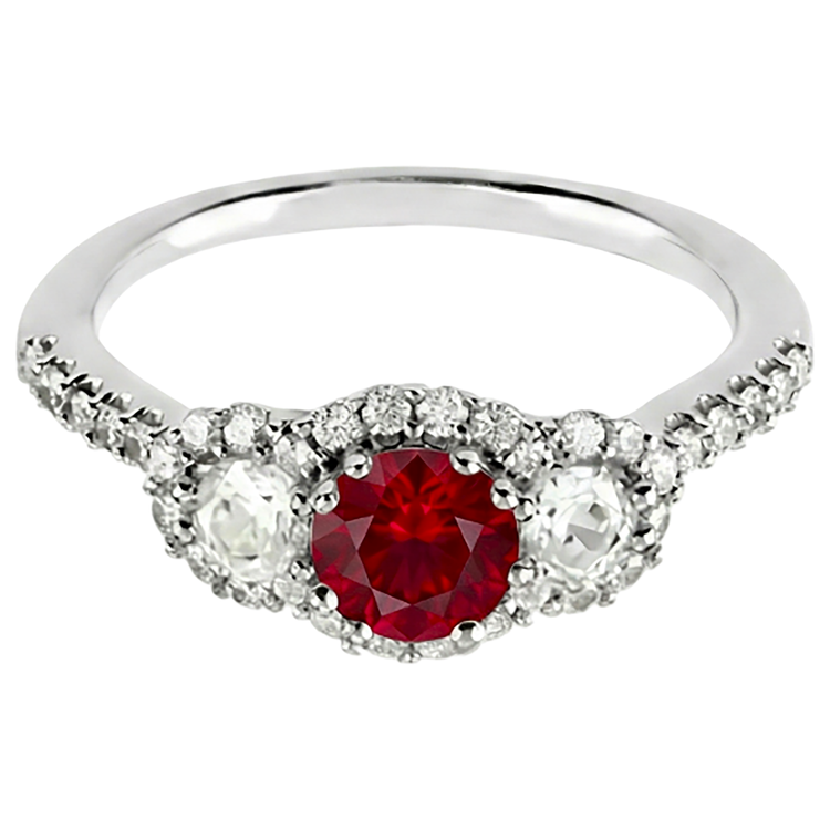 3.50 Carats Bague Ronde Diamant Naturels Extraits des Mines ( et non cultivés en laboratoire ) Rubis Rouge 3 Pierres Or Blanc 14K