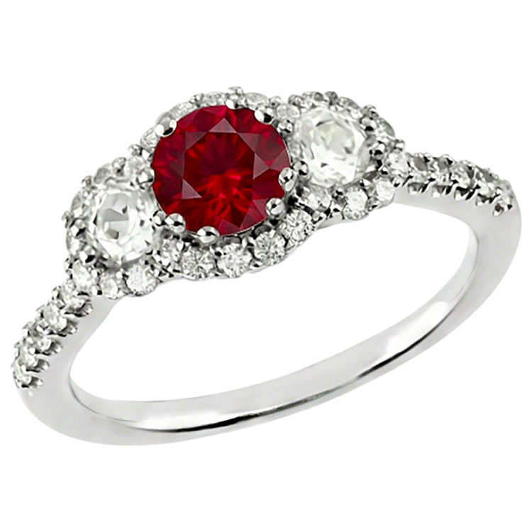 3.50 Carats Bague Ronde Diamant Naturels Extraits des Mines ( et non cultivés en laboratoire ) Rubis Rouge 3 Pierres Or Blanc 14K