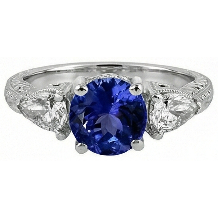 3.50 Carats Bague Ronde Tanzanite Et Trillion De Diamants Naturels Extraits des Mines ( et non cultivés en laboratoire ) Bijoux 3 Pierres