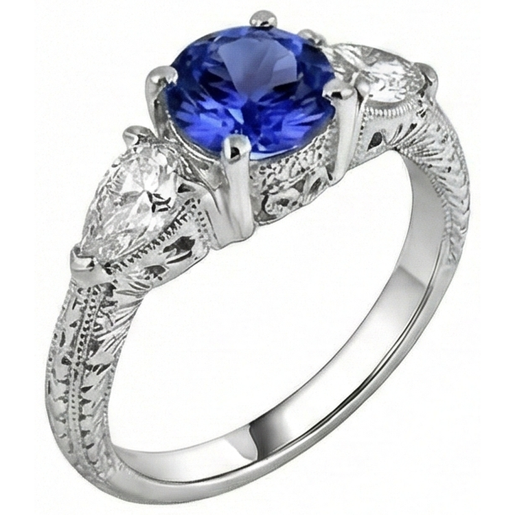 3.50 Carats Bague Ronde Tanzanite Et Trillion De Diamants Naturels Extraits des Mines ( et non cultivés en laboratoire ) Bijoux 3 Pierres