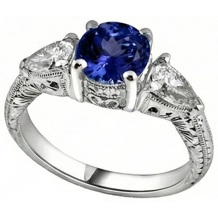 3.50 Carats Bague Ronde Tanzanite Et Trillion De Diamants Naturels Extraits des Mines ( et non cultivés en laboratoire ) Bijoux 3 Pierres