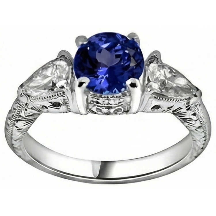 3.50 Carats Bague Ronde Tanzanite Et Trillion De Diamants Naturels Extraits des Mines ( et non cultivés en laboratoire ) Bijoux 3 Pierres