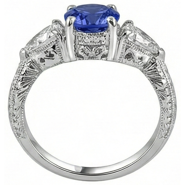 3.50 Carats Bague Ronde Tanzanite Et Trillion De Diamants Naturels Extraits des Mines ( et non cultivés en laboratoire ) Bijoux 3 Pierres