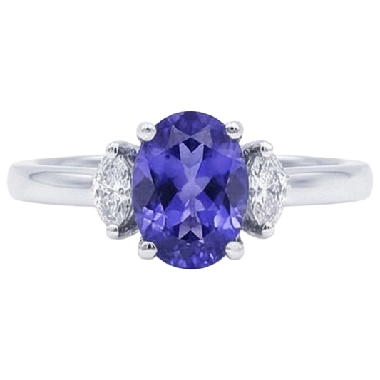 3.50 Carats Bague Tanzanite Trois Pierres Avec Diamants Naturels Extraits des Mines ( et non cultivés en laboratoire ) Or Blanc 14K