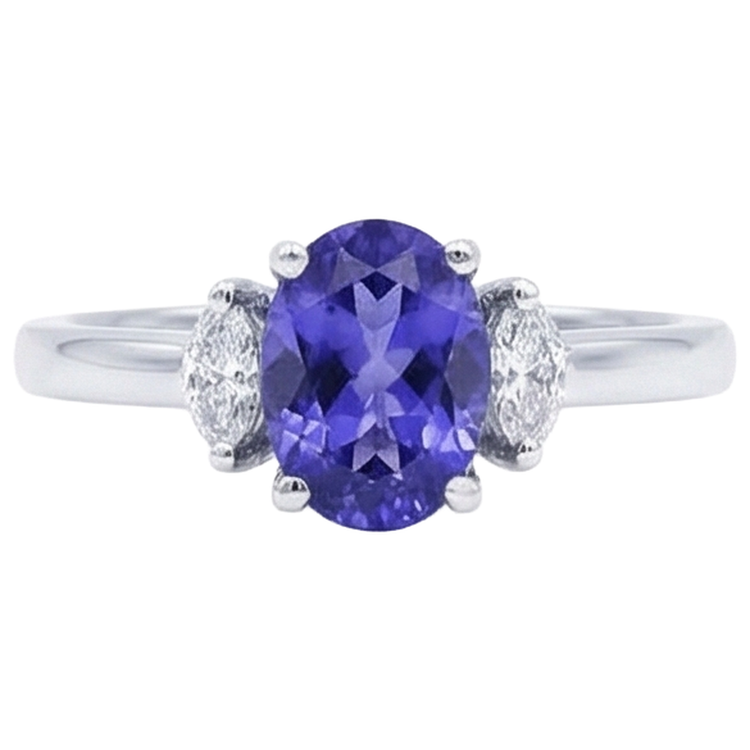 3.50 Carats Bague Tanzanite Trois Pierres Avec Diamants Naturels Extraits des Mines ( et non cultivés en laboratoire ) Or Blanc 14K