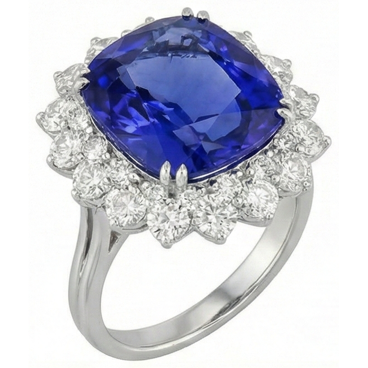 3.50 Carats Coussin Tanzanite & Bague Diamant Or Blanc 14K